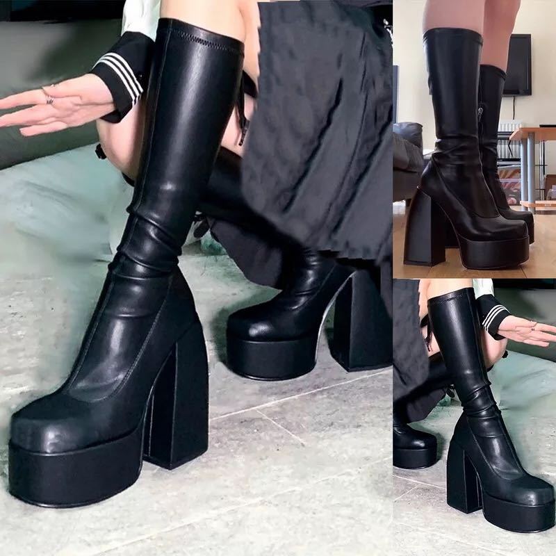 Pipe Bending Spring - Women's Square Toe High Heeled Boots